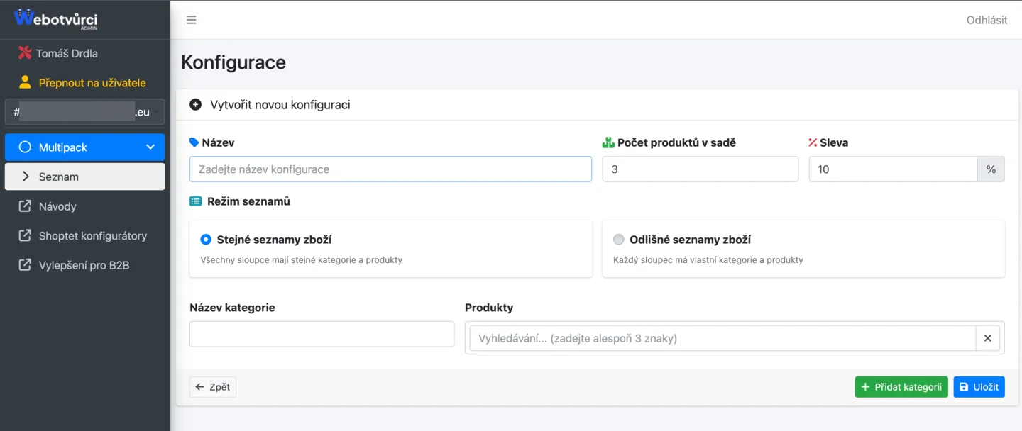 The new configuration form: name, number of products in the set, discount in percent and the list mode choice