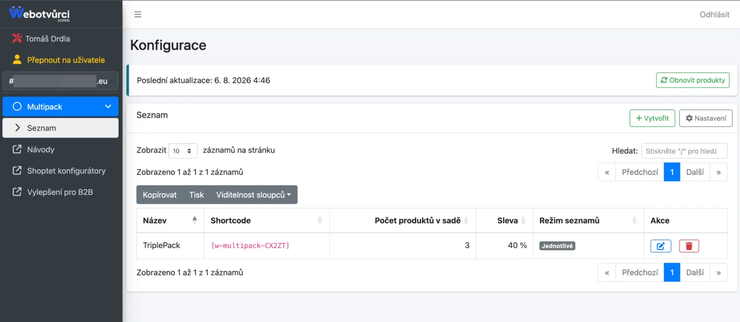 A list of bundles in the admin: name, short code, number of products in the set, discount and list mode