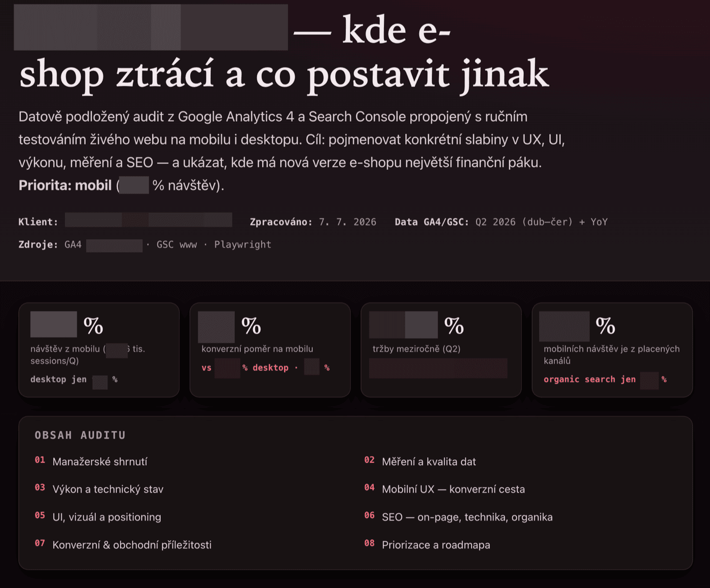 Ukázka výstupu AI auditu Shoptetu – manažerské shrnutí, klíčová čísla a obsah auditu