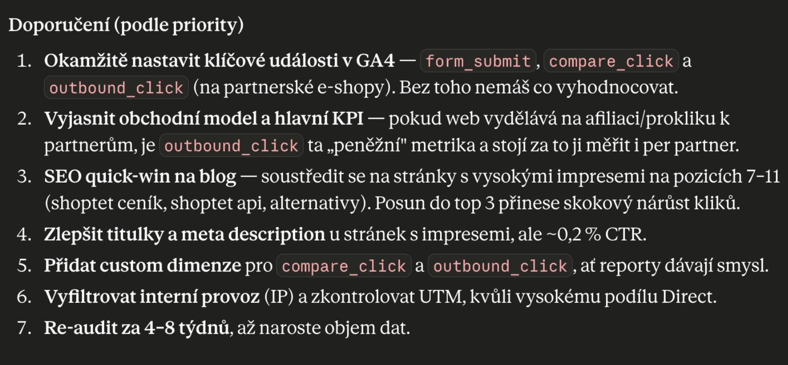 Audit output in Claude – a prioritized list of recommendations for GA4 and Search Console