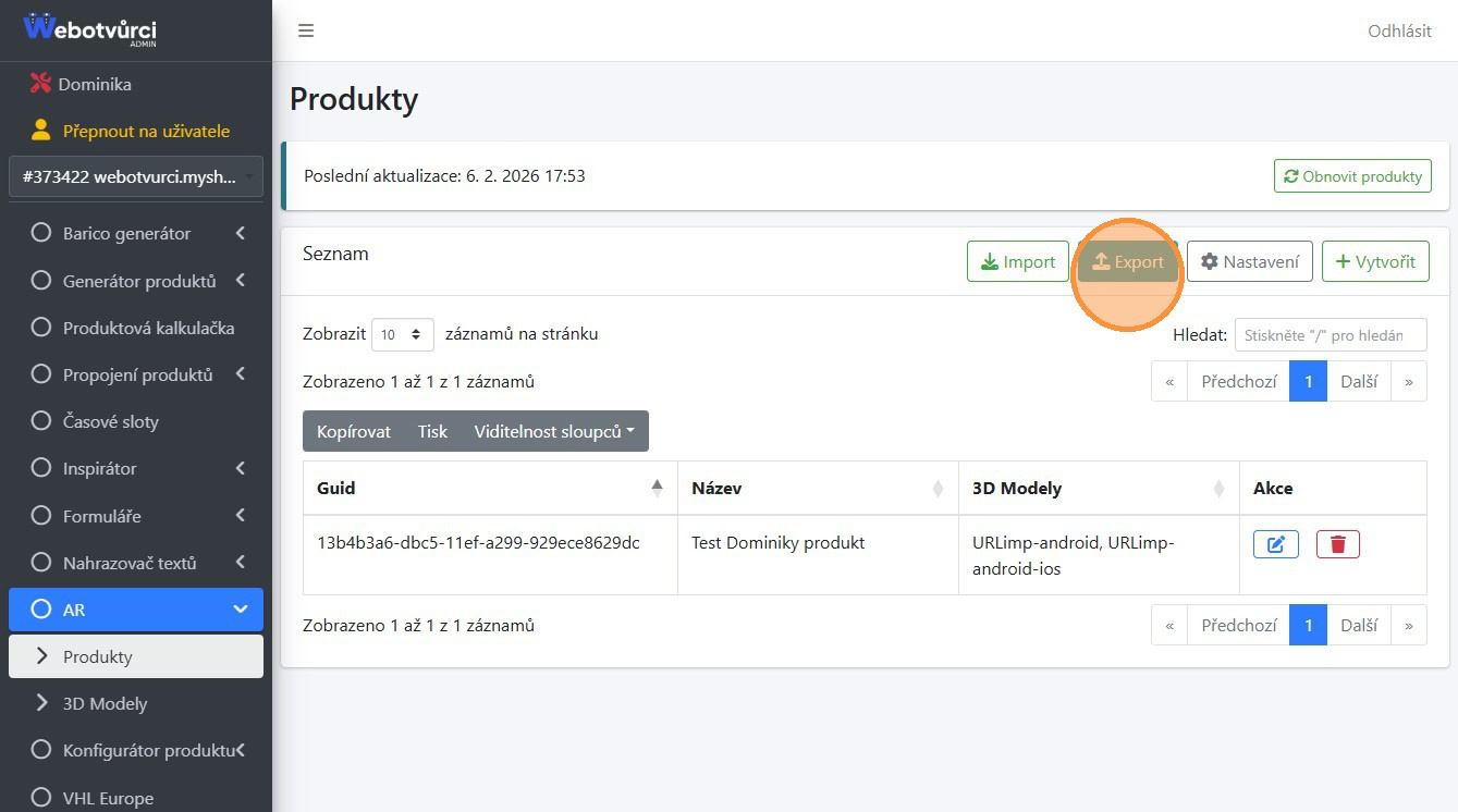 Administrace doplňku AR, sekce Produkty, s vyznačeným tlačítkem Export pro stažení JSON souboru