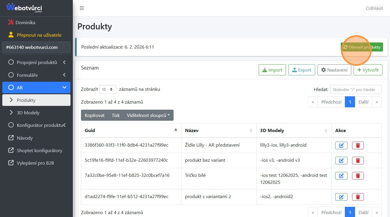 Sekce Produkty v administraci doplňku AR na cílovém e-shopu s vyznačeným tlačítkem Obnovit produkty