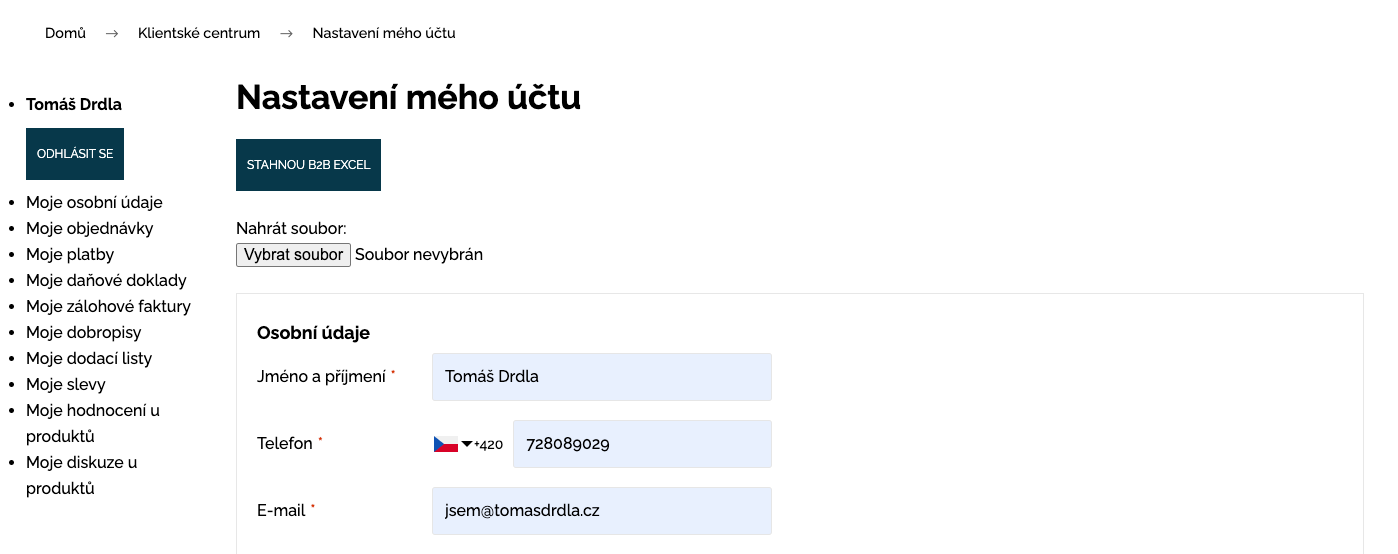 Nastavení uživatelského účtu v Shoptetu s tlačítkem „Stáhnout B2B Excel" a polem pro nahrání souboru s objednávkou