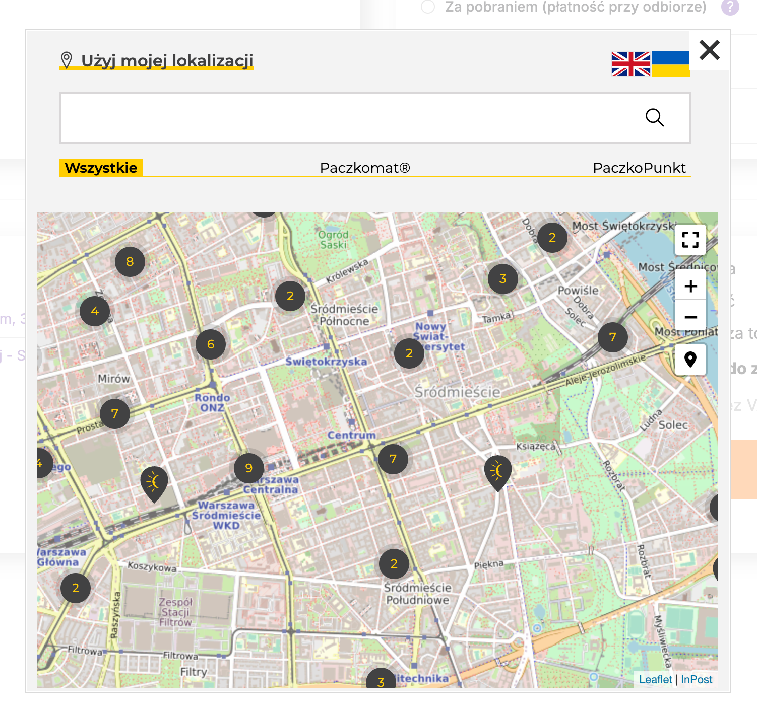Mapa InPost pro výběr výdejního místa (Paczkomat, PaczkoPunkt) přímo v objednávce