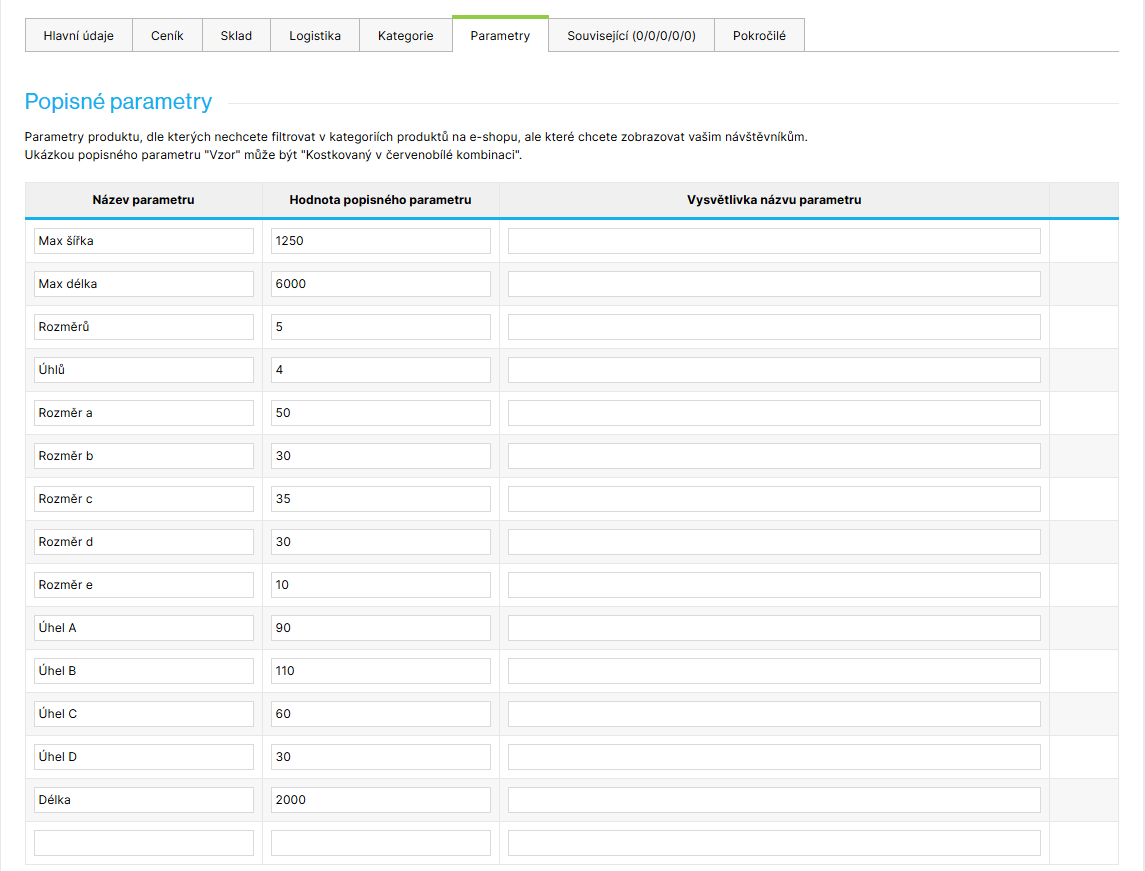 Popisné parametry produktu v administraci Shoptetu s definovanými maximálními rozměry, jednotlivými rozměry a úhly plechu
