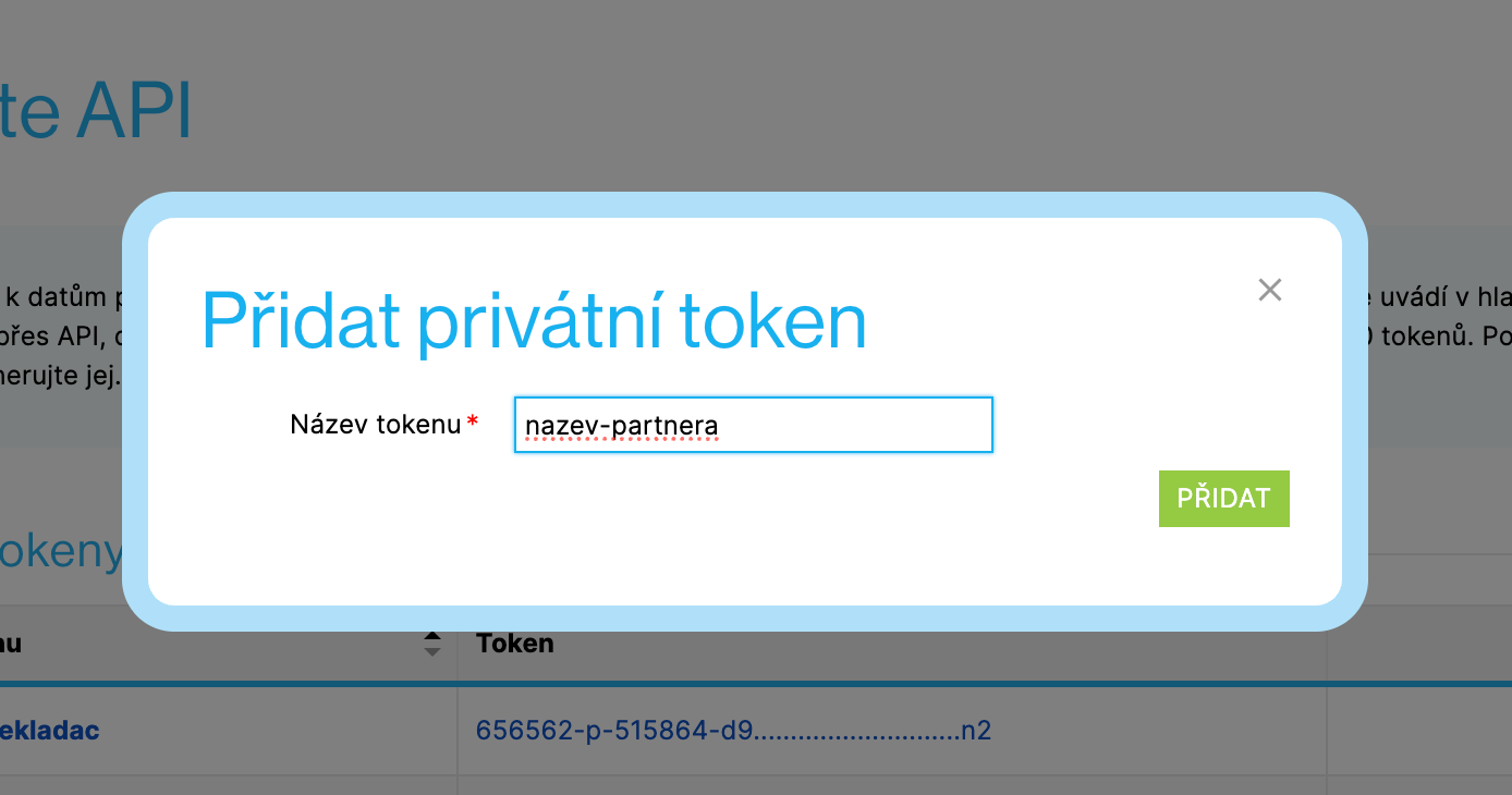 Dialog Přidat privátní token – vyplnění pole Název tokenu názvem partnera