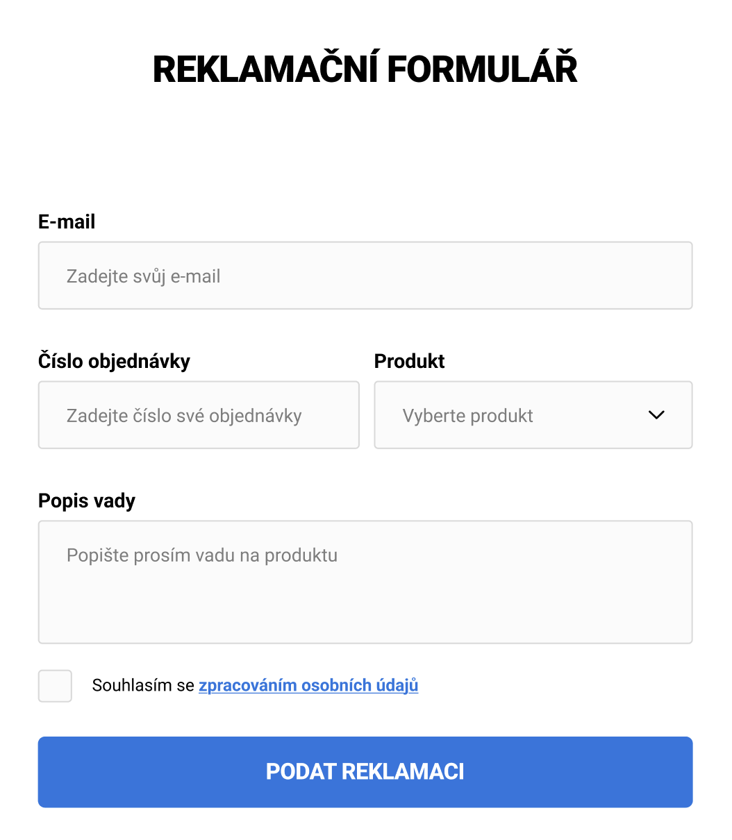 Sample complaint form with fields for email, order number, product selection, defect description, and a Submit complaint button