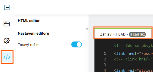 Návrhář šablon se zvýrazněnou ikonou HTML editoru v levém panelu a záložkou Záhlaví HEAD