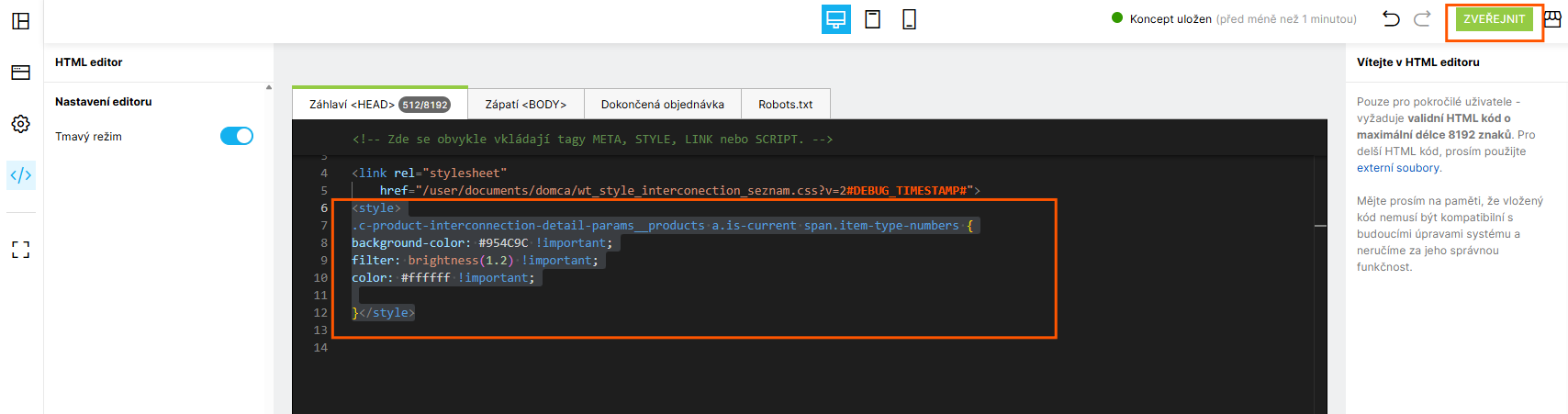 HTML editor Shoptetu se sekcí Záhlaví HEAD, vloženým CSS kódem ve značce style a zvýrazněným tlačítkem Zveřejnit