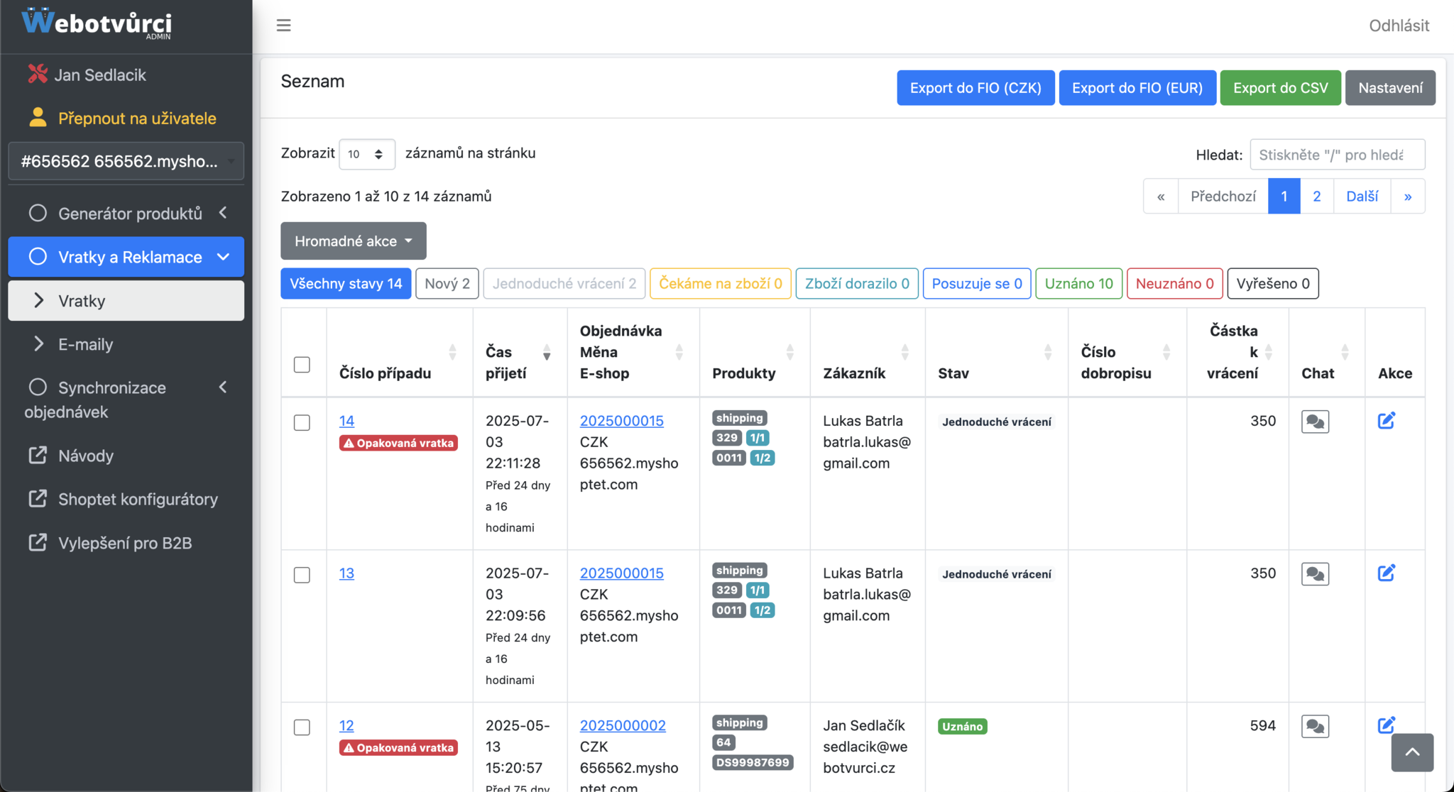 List of returns and complaints in the admin — status filters (All statuses, New, Simple return, Approved, Rejected, Resolved), a table with the case number, time received, order, products, customer, status and the amount to refund, and Export to FIO and Export to CSV buttons at the top